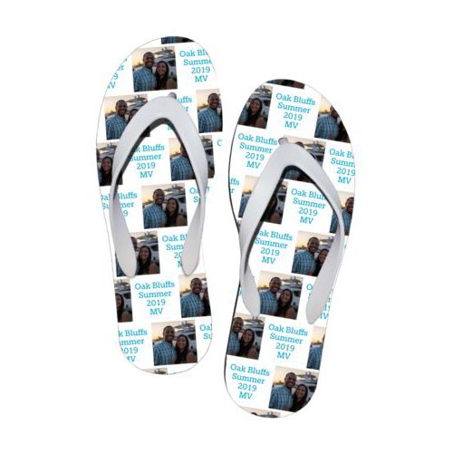 Personalized flipflops personalized with a photo and the saying "Oak Bluffs Summer 2019 MV" in white and juicy blue