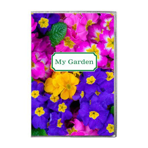 Personalized journal personalized with geranium pattern and name in festive green party goods
