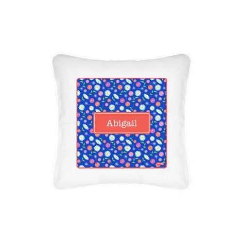 Personalized pillow personalized with daisy pattern and name in flamingo