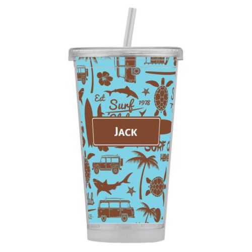 Personalized tumbler personalized with surf club pattern and name in chocolate brown and sweet teal