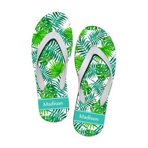 Personalized flipflops personalized with jardine pattern and name in minty