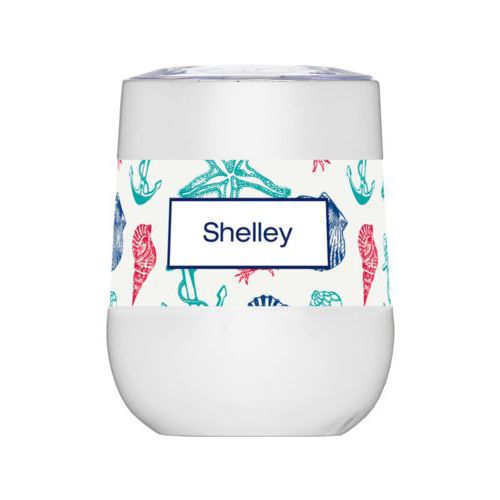 Personalized insulated wine tumbler personalized with sea life pattern and name in navy blue