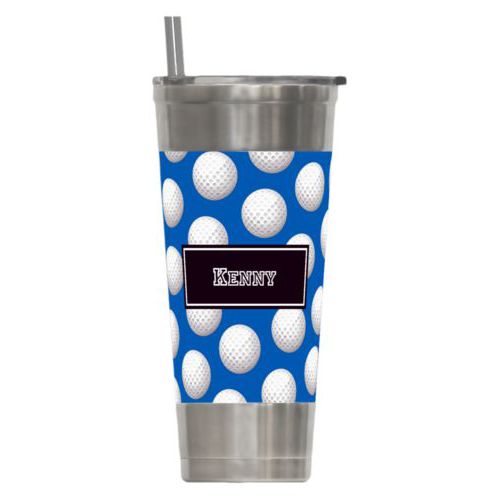 Personalized insulated steel tumbler personalized with golf pattern and name in black and cosmic blue