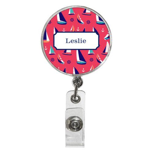 Personalized badge reel personalized with sailboats pattern and name in navy blue