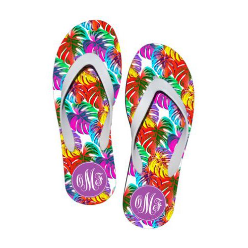 Personalized flipflops personalized with rainforest pattern and monogram in violet