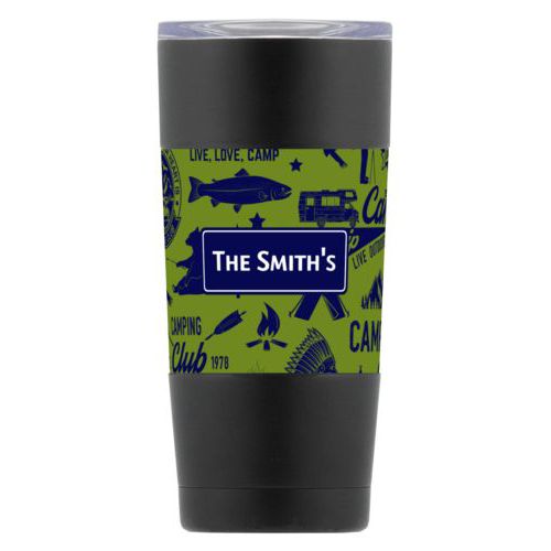 Personalized insulated steel mug personalized with camping club pattern and name in true navy and hemlock