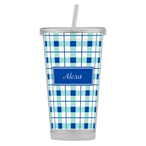 Personalized tumbler personalized with gingham pattern and name in azure blue and teal
