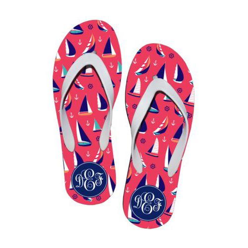 Personalized flipflops personalized with sailboats pattern and monogram in navy blue