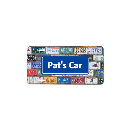 Custom license plate personalized with license plates pattern and name in royal blue