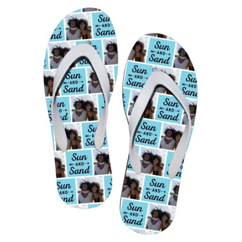 Personalized flipflops personalized with a photo and the saying "Sun and Sand" in black and sweet teal