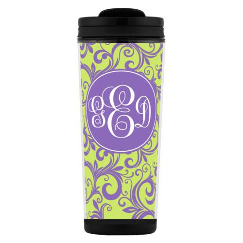 Custom tall coffee mug personalized with elizabeth pattern and monogram in lavender purple and key lime green