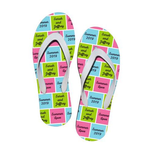 Personalized flipflops personalized with sayings "Summer 2019" in black and sweet teal and "Sarah and Jeffrey" in black and juicy green and "Summer Love" in black and pretty pink
