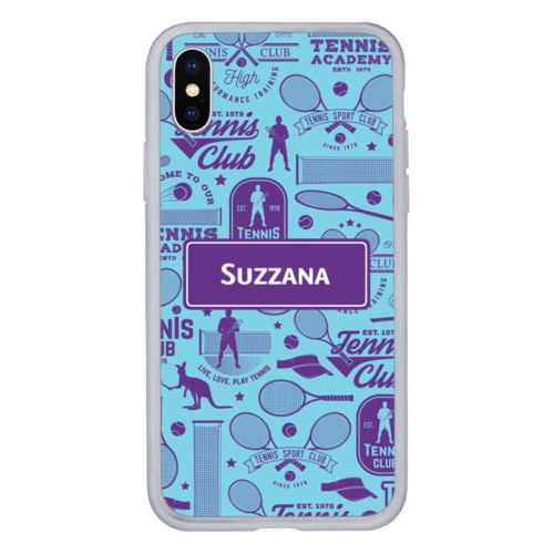 Personalized iphone case personalized with tennis club pattern and name in amethyst purple and sweet teal