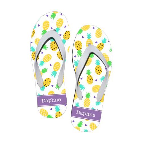 Personalized flipflops personalized with pineapples pattern and name in grape purple