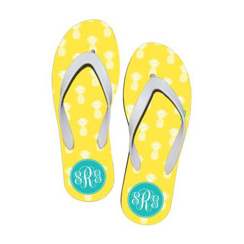 Personalized flipflops personalized with welcome pattern and monogram in robin's egg blue and yellow sunshine