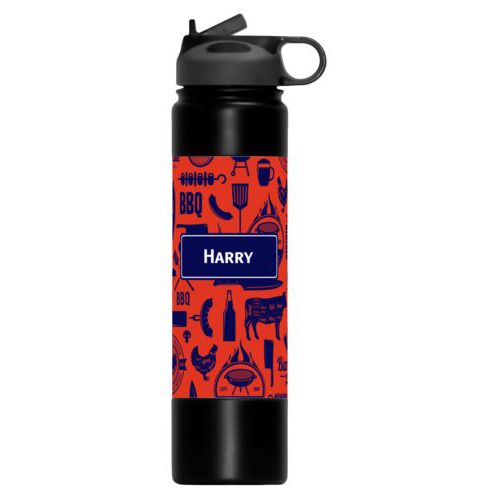 Stainless steel vacuum insulated water bottle personalized with bbq club pattern and name in true navy and strong red