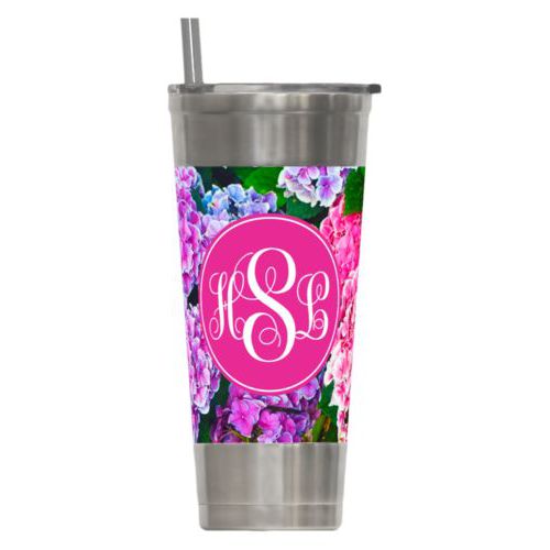 Personalized insulated steel tumbler personalized with hydrangea pattern and monogram in pink