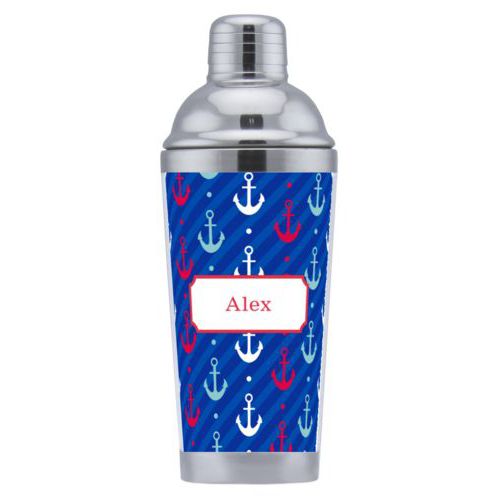 Coctail shaker personalized with anchors away pattern and name in cherry red