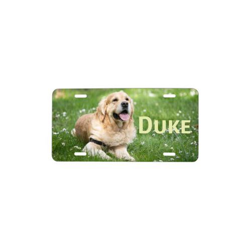Custom front license plate personalized with photo and the saying "Duke"