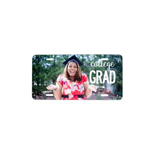 Custom car tag personalized with photo and the saying "college grad"