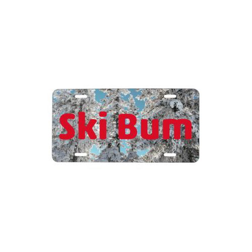 Special license plate personalized with photo and the saying "Ski Bum"
