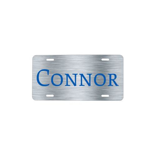 Custom car plate personalized with steel industrial pattern and the saying "Connor"