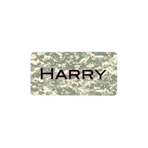 Custom car plate personalized with army camo pattern and the saying "Harry"