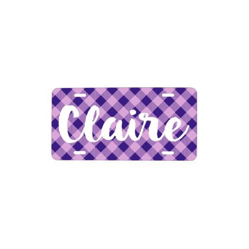 Custom car plate personalized with check pattern and the saying "Claire"