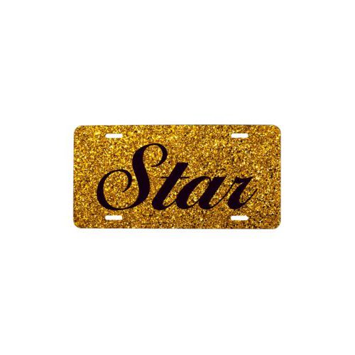 Custom front license plate personalized with gold glitter pattern and the saying "Star"