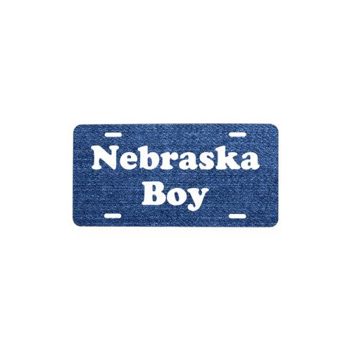 Custom car plate personalized with denim industrial pattern and the saying "Nebraska Boy"