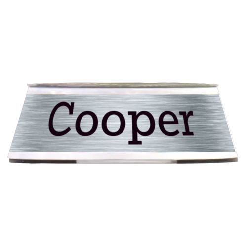 Personalized pet bowl personalized with steel industrial pattern and the saying "Cooper"