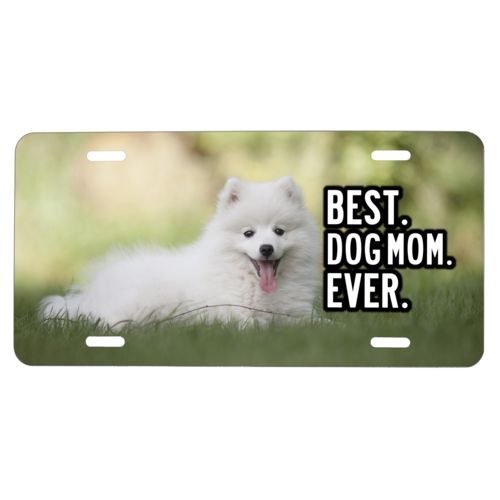 Personalized front license plate personalized with photo and the saying "Best dog mom ever"
