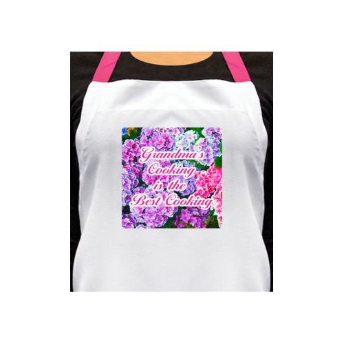 Personalized apron personalized with hydrangea pattern and the saying "Grandma's Cooking is the Best Cooking"