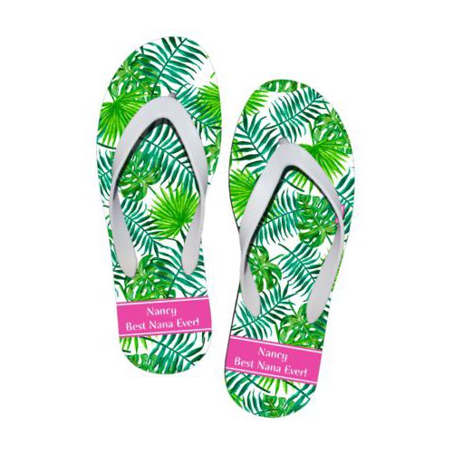 Personalized flipflops personalized with jardine pattern and name in bright pink