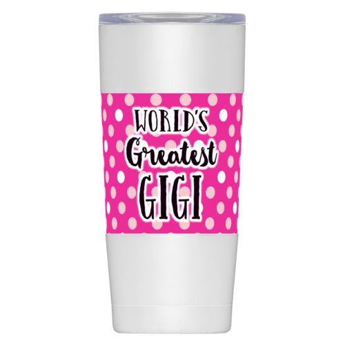 Personalized insulated steel mug personalized with medium dots pattern and the saying "World's Greatest Gigi"