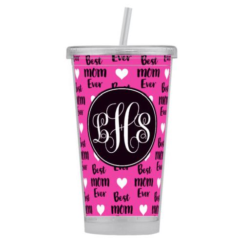 Personalized tumbler personalized with best mom ever pattern and monogram in black and juicy pink
