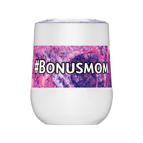 Personalized insulated wine tumbler personalized with rose pattern and the saying "#Bonusmom"