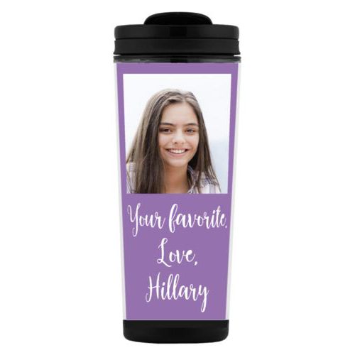 Custom tall coffee mug personalized with photo and the saying "Your favorite. Love, Hillary"