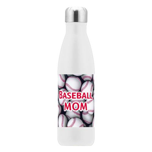 Custom steel water bottle personalized with baseballs pattern and the saying "Baseball MOM"