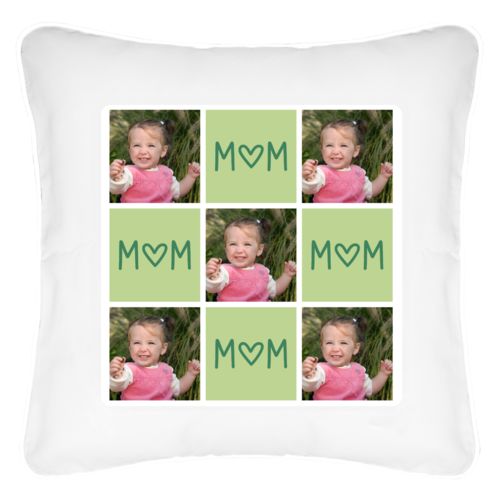 Personalized pillow personalized with a photo and the saying "MOM (Heart as "O")" in pine green and leaf green
