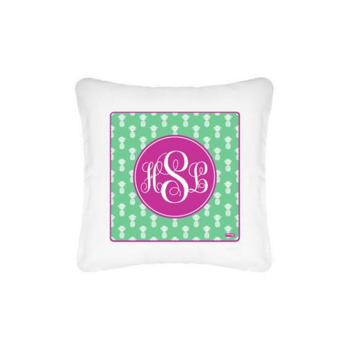Personalized pillow personalized with welcome pattern and monogram in berry and mojito