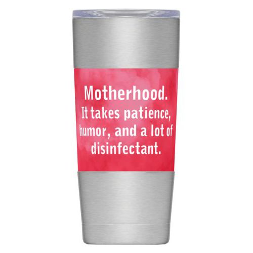 Personalized insulated steel mug personalized with red cloud pattern and the saying "Motherhood. It takes patience, humor, and a lot of disinfectant."
