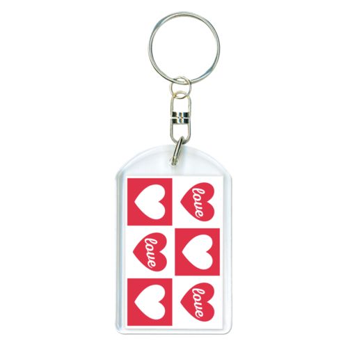 Personalized keychain personalized with sayings "love" in white and cherry red and "heart" in cherry red and white