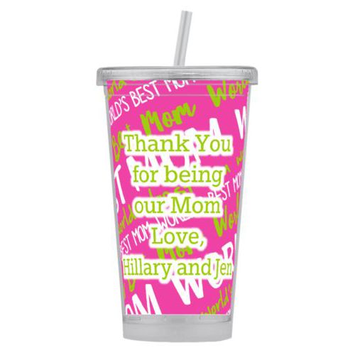 Personalized tumbler personalized with worlds best mom pattern and the saying "Thank You for being our Mom Love, Hillary and Jen"