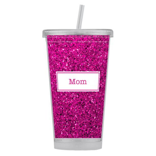 Personalized tumbler personalized with pink glitter pattern and name in bright pink