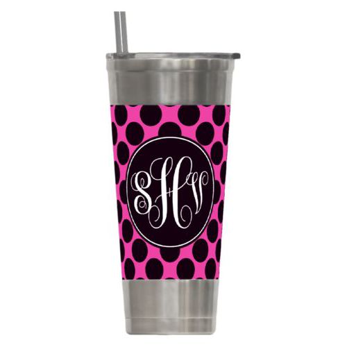 Personalized insulated steel tumbler personalized with dots pattern and monogram in black and juicy pink