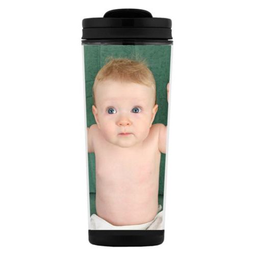 Custom tall coffee mug personalized with photo