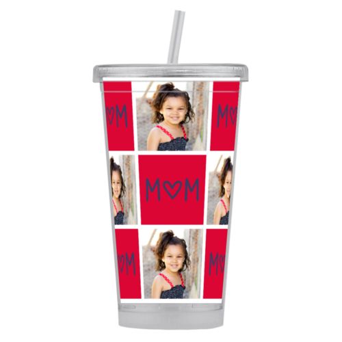Personalized tumbler personalized with a photo and the saying "MOM (Heart as "O")" in navy and bright red
