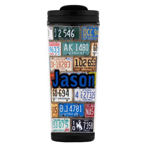 Custom tall coffee mug personalized with license plates pattern and the saying "Jason"