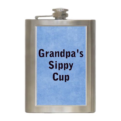 Personalized 8oz flask personalized with blue chalk pattern and the saying "Grandpa's Sippy Cup"